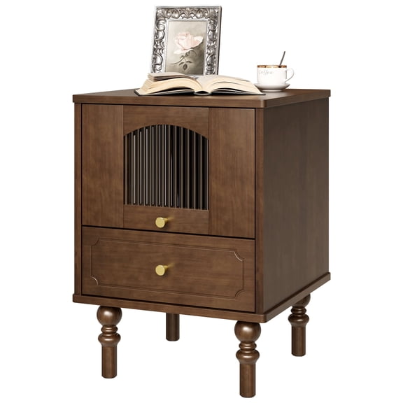 Solid Wood Nightstand, Walnut Mid Century Modern Nightstand with 2 Drawers, Bedside Tables with Solid Wood Legs, Sofa Storage End Table for Bedroom