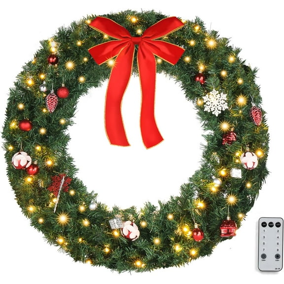 VINGLI 36 Inch Christmas Door Wreath Decorations with 100 Lights and 300 PVC Branches, Pre-lit Artificial Christmas Wreath for Front Door, Xmas Wreath w/Bow, Pine Cones, Ornaments (Plug-in)