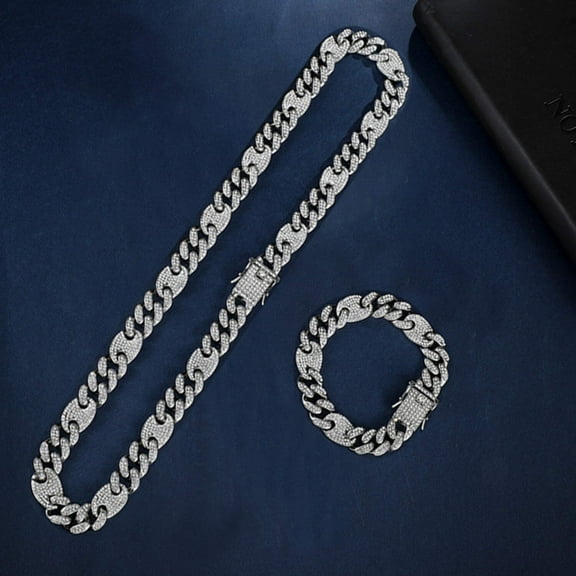 Hip hop set icedout puff mariner Cuban link necklace bracelet silver color gold Plated