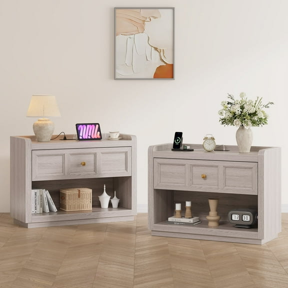 Nightstands Set of 2 with Charging Station, 31" Wide Large Night Stand Farmhouse Bed Side Table with Round Corners for Bedroom, Grey White Oak