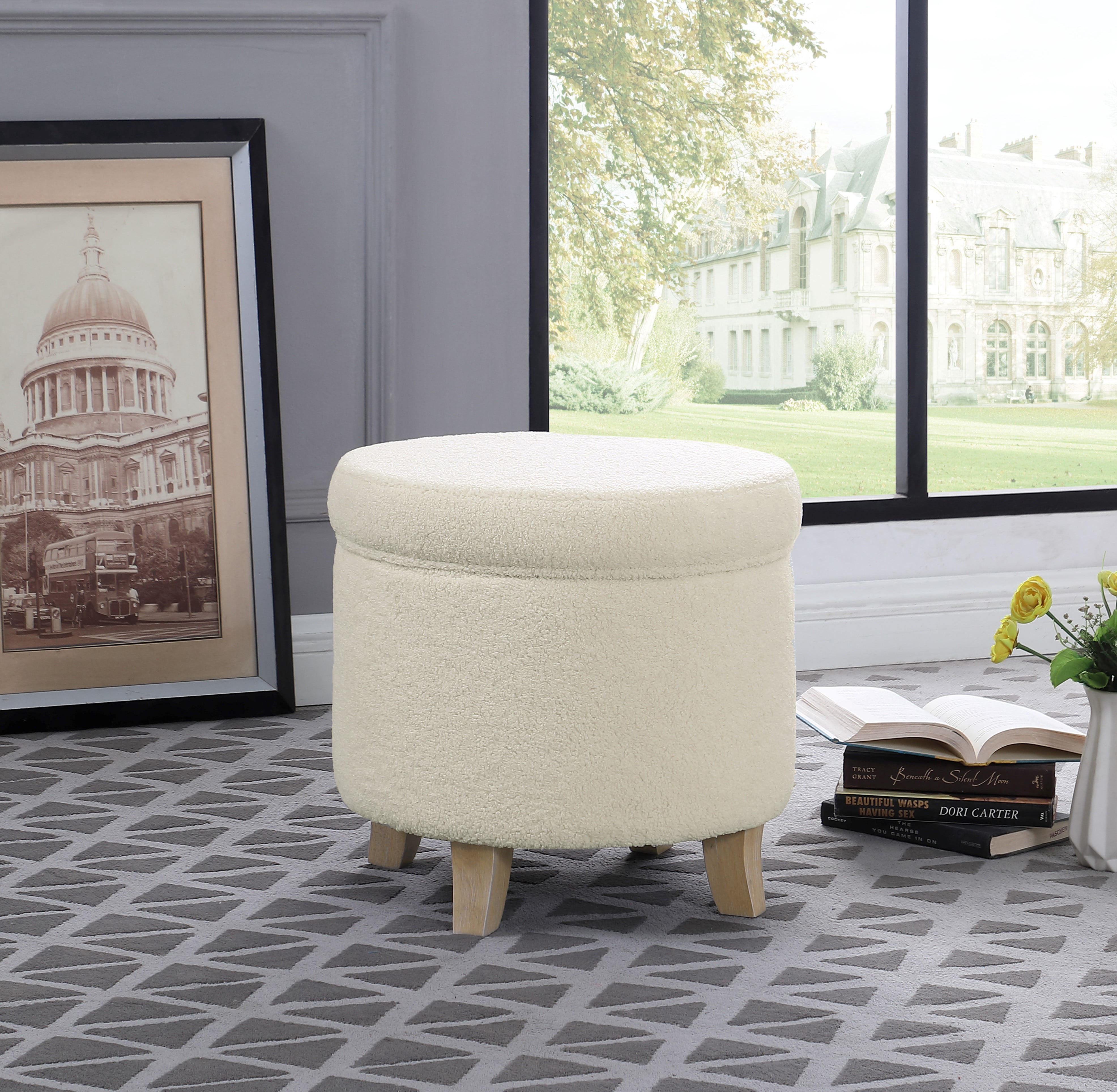 HomePop Round Storage Ottoman - Cream Faux Sheepskin