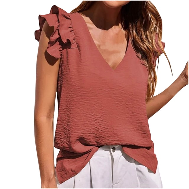 cfhntfmh Summer Tops for Women Casual Ruffle Cap Sleeve Basic Tank Tops Loose V Neck Solid Color Beach Shirts