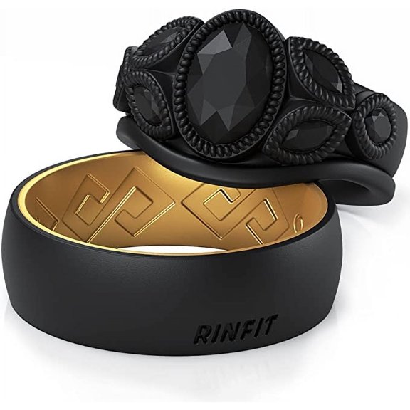Rinfit Silicone Rings for Women & Men - Couple Sets Rubber Wedding Bands - Two Tone & Diamond Oval - Black & Gold