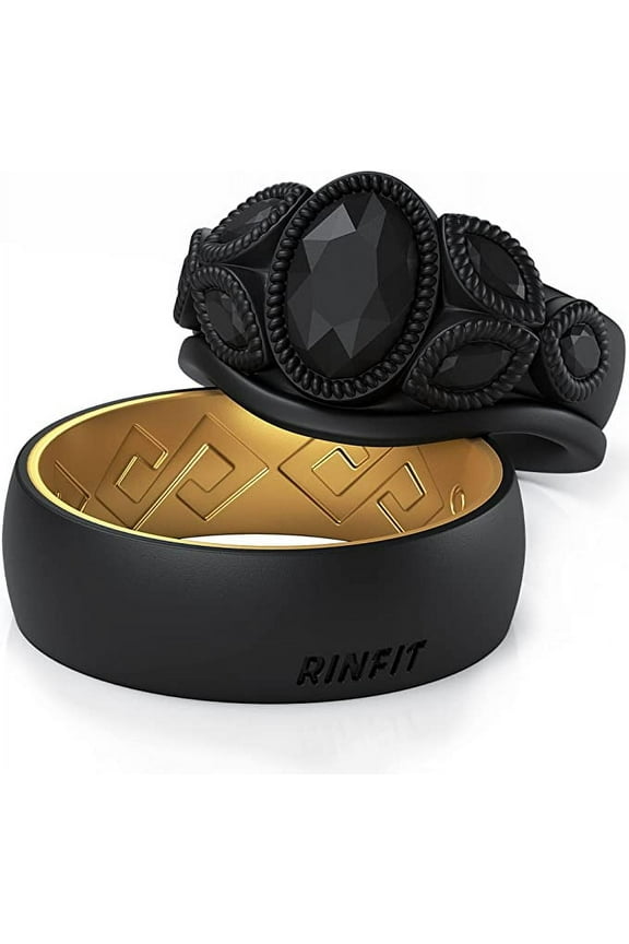 Silicone Rings for Women & Men - Couple Sets Rubber Wedding Bands - Two Tone & Diamond Oval - Black & Gold