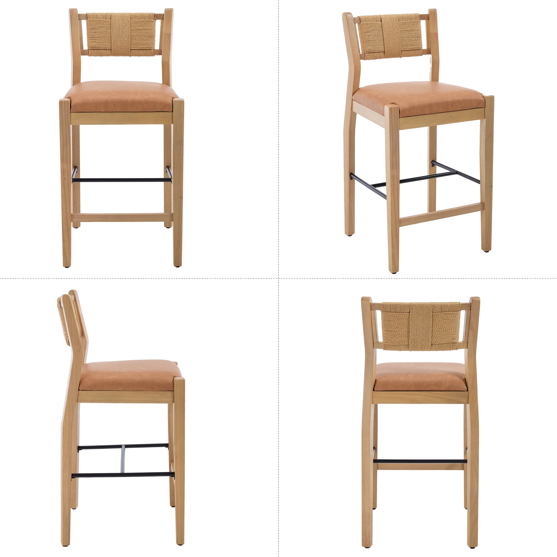 Guyou 26" Rattan Barstools Set of 2, Boho Solid Wood Counter Height Bar Stools, PU Upholstered Kitchen Island Chairs for Dining Room Bar, Brown