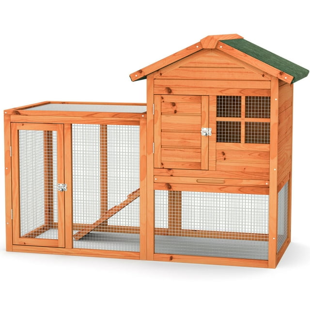 Gymax Wooden Chicken Coop 2-Story Rabbit Hutch Indoor Outdoor Use Nature+Green