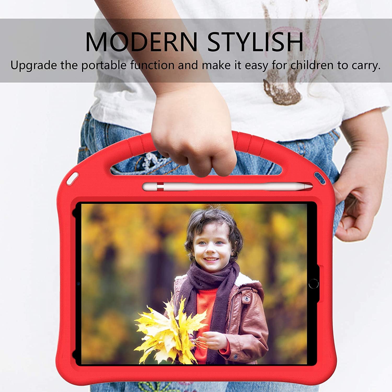 Allytechgroup Kids Case for iPad 9th/8th/7th Generation iPad 10.2 inch 2021/2020/2019 with Kickstand/Handle Stand/Pencil Holder [1x Screen Protector] Shockproof Cover for Boy Girl Children, Red