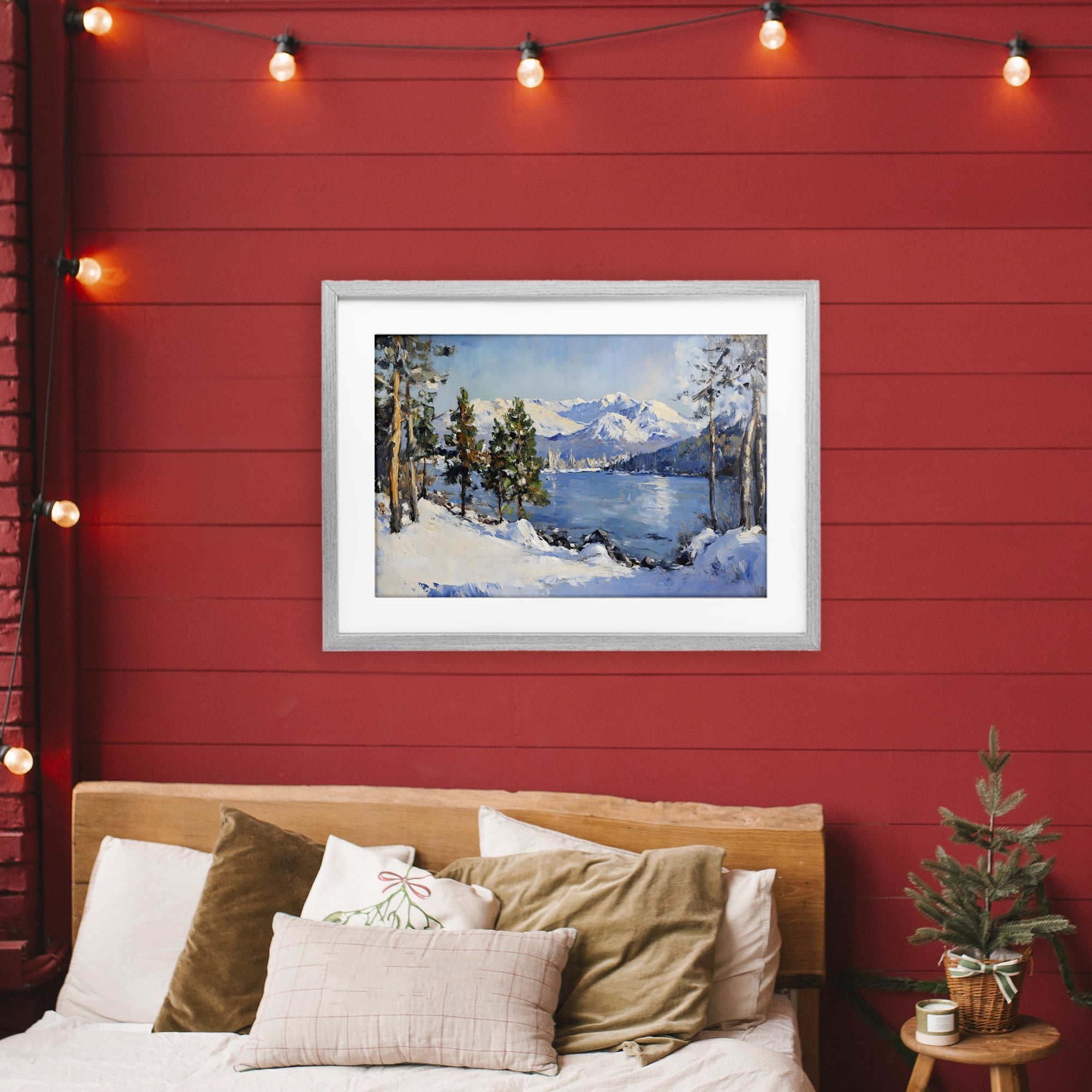 Winter Mountain Lake Gray Framed Print Under Glass, design by Petal Prints Design