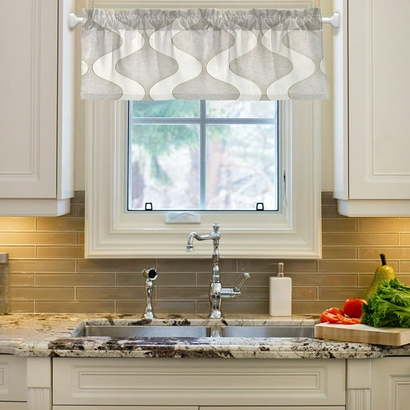 Yayeee Window Valance for Kitchen Farmhouse Rod Pocket Light Gray Pattern Short Curtain for Living Room