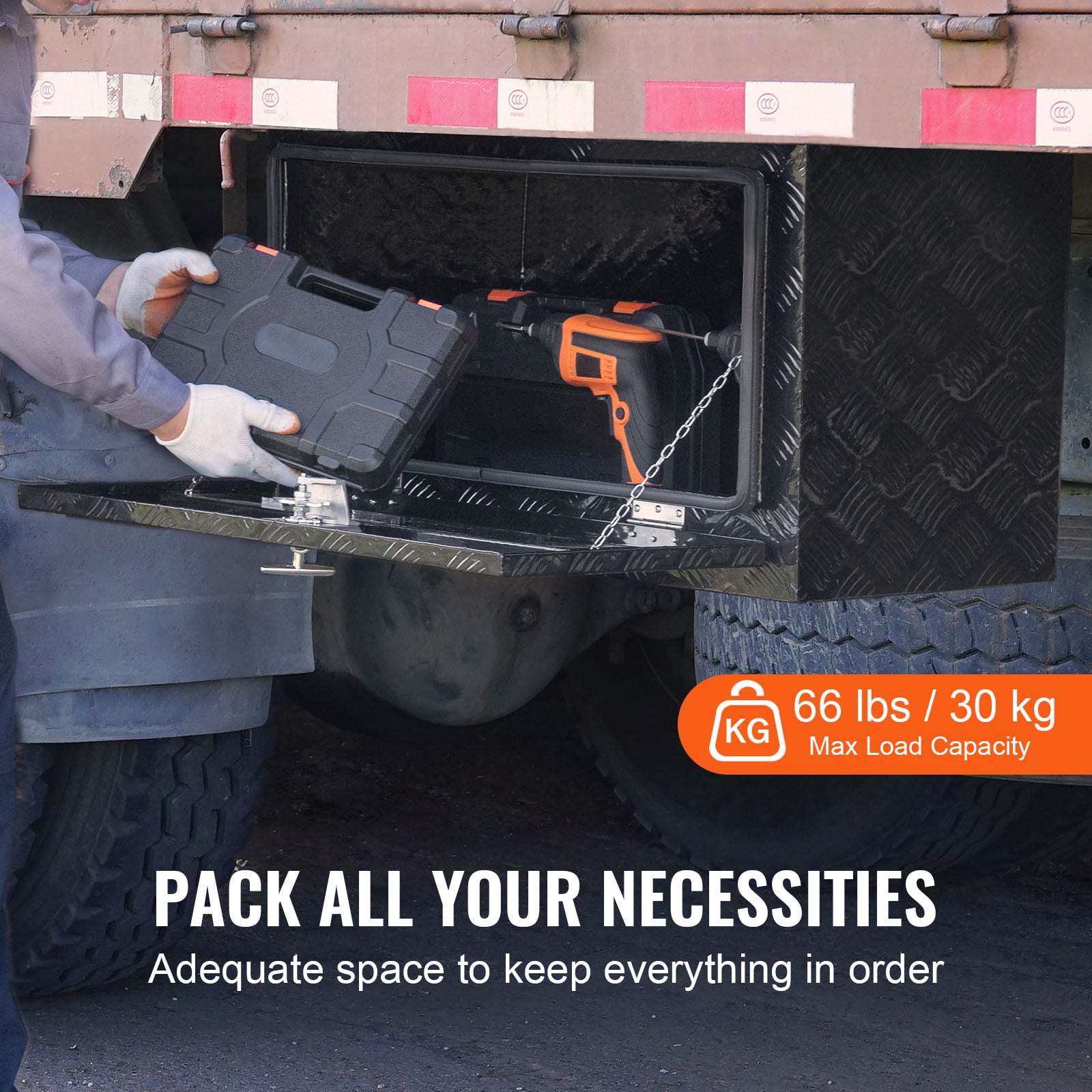 KFFKFF Truck Underbody Toolbox, Dimensions: 30"x14"x16", Crafted from Durable Aluminum Diamond Plate, Features Lock and Keys for Security, T-Handle Latch, Weatherproof Design Suitable for Trucks