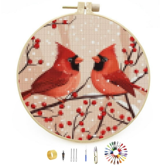 Merry Christmas Red Cardinal Birds DIY Stamped Cross Stitch Kits Easy for Beginners with Hoop 11CT Counted Embroidery Needlepoint Crafts Arts for Handmade Enthusiasts and Home Decor 30x30cm(12)
