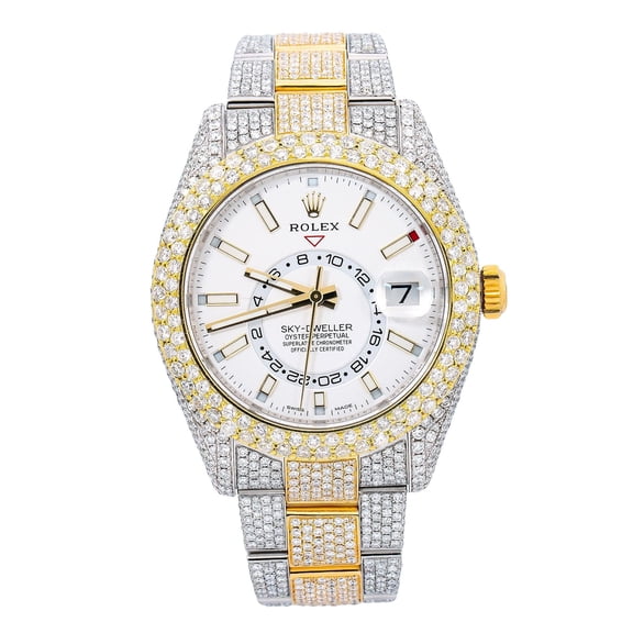Pre-Owned Rolex Sky-Dweller 42MM 326933 White Dial Diamond Bezel Two Tone Yellow Gold Full Diamond Oyster Bracelet 16.75ct