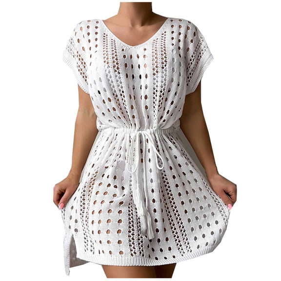 Crochet Coverups Beach Short Dress for Women Summer 2026 Cap Short Sleeve Tie Waist Swimsuit Bikini Cover Up (One Size, White)