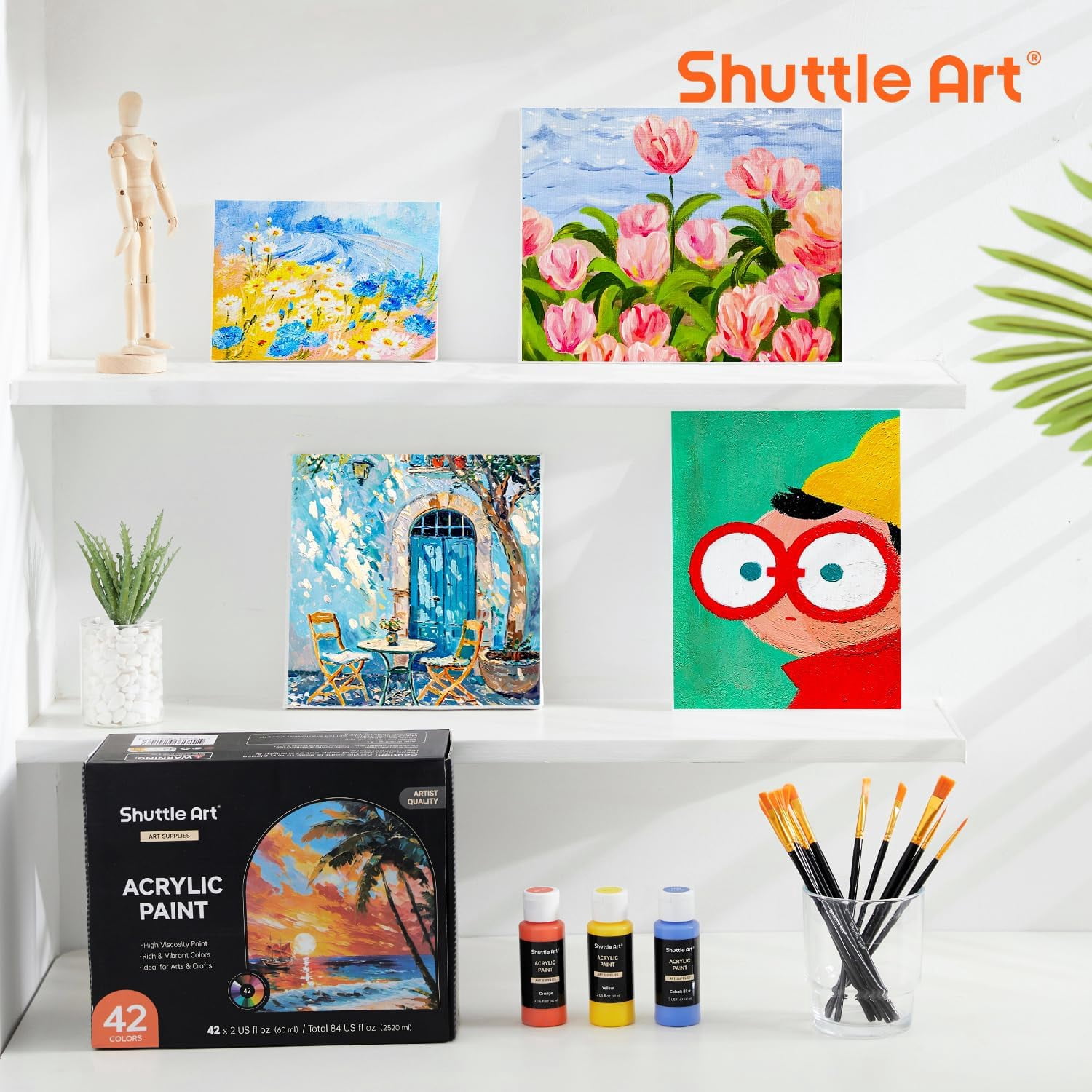 Shuttle Art Acrylic Paint, 42 Colors Acrylic Paint Set with 12 Paint Brushes, 2oz/60ml Bottles, Rich Pigmented, Water Proof, Premium Paints for Artists, Beginners