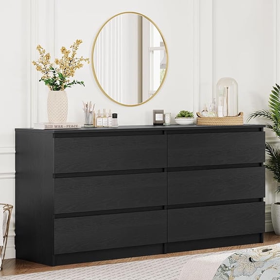 59" Modern Black 6-Drawer Dresser, Handle-Free Design & Thick Panel, Minimalist Storage Cabinet for Bedroom, Entryway, Living Room