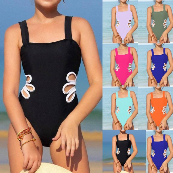 Girls Swimsuit Cut Out One Piece Swimsuit Solid Color Round Neck Girls Bathing Suit