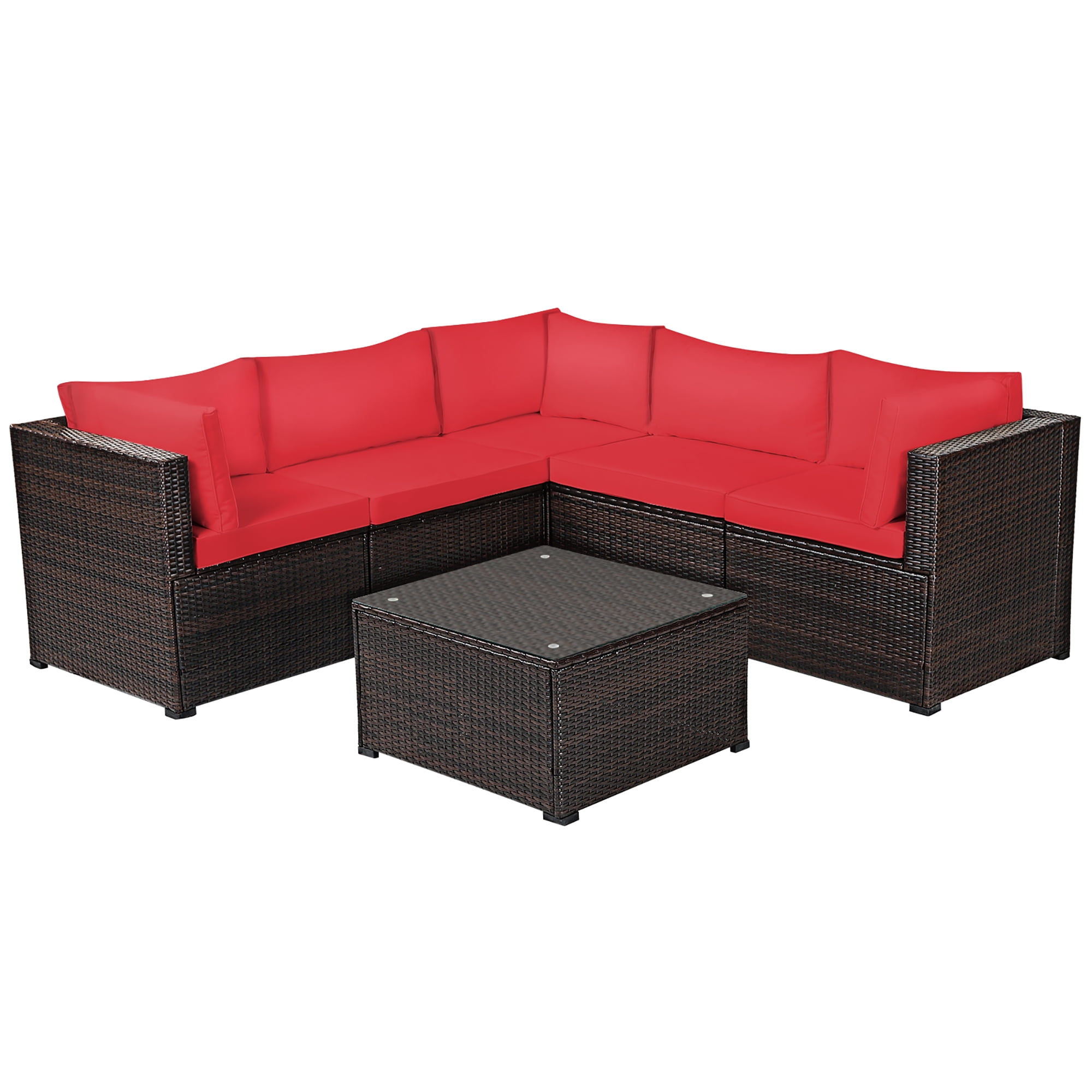 Costway 6PCS Patio Rattan Furniture Set Sectional Cushioned Sofa Deck Red