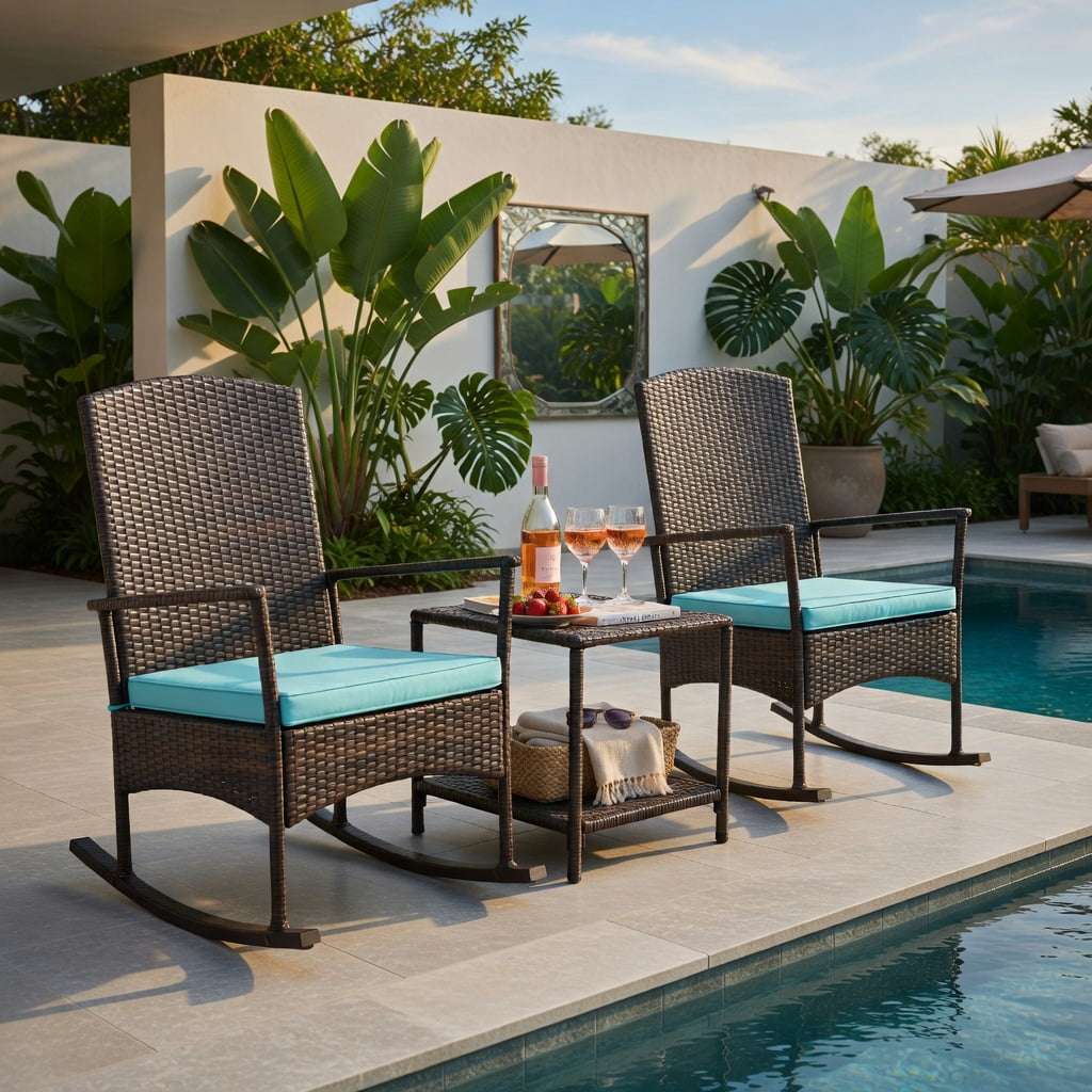 Hommoo 3-Piece Outdoor Patio Rocking Set, Wicker Rocking Chairs with 2-Tier Tempered Glass Coffee Table, Heavy-Duty Metal Frame, All-Weather PE Rattan, Turquoise