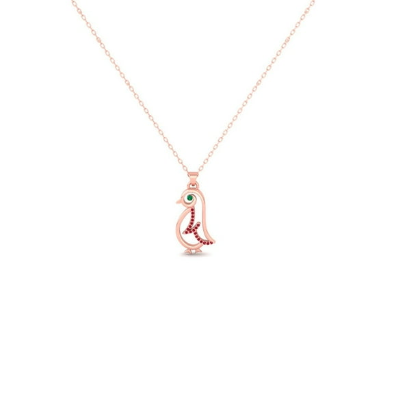 Pure Elegance Stylized Penguin Shaped Ruby & Green Emerald Eye Gemstones 925 Sterling Silver14K Rose Pendant Necklace For Women