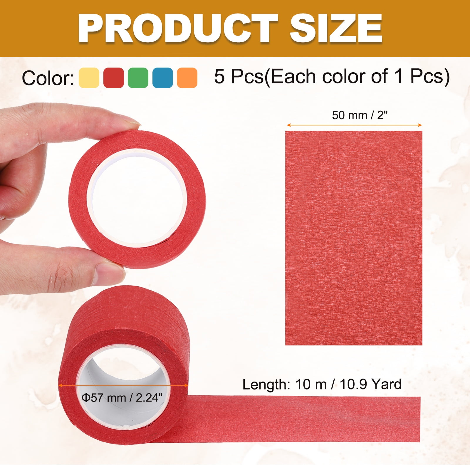 5pcs 2" x 11 Yard Colored Masking Tape, Blue Green Red Yellow Orange
