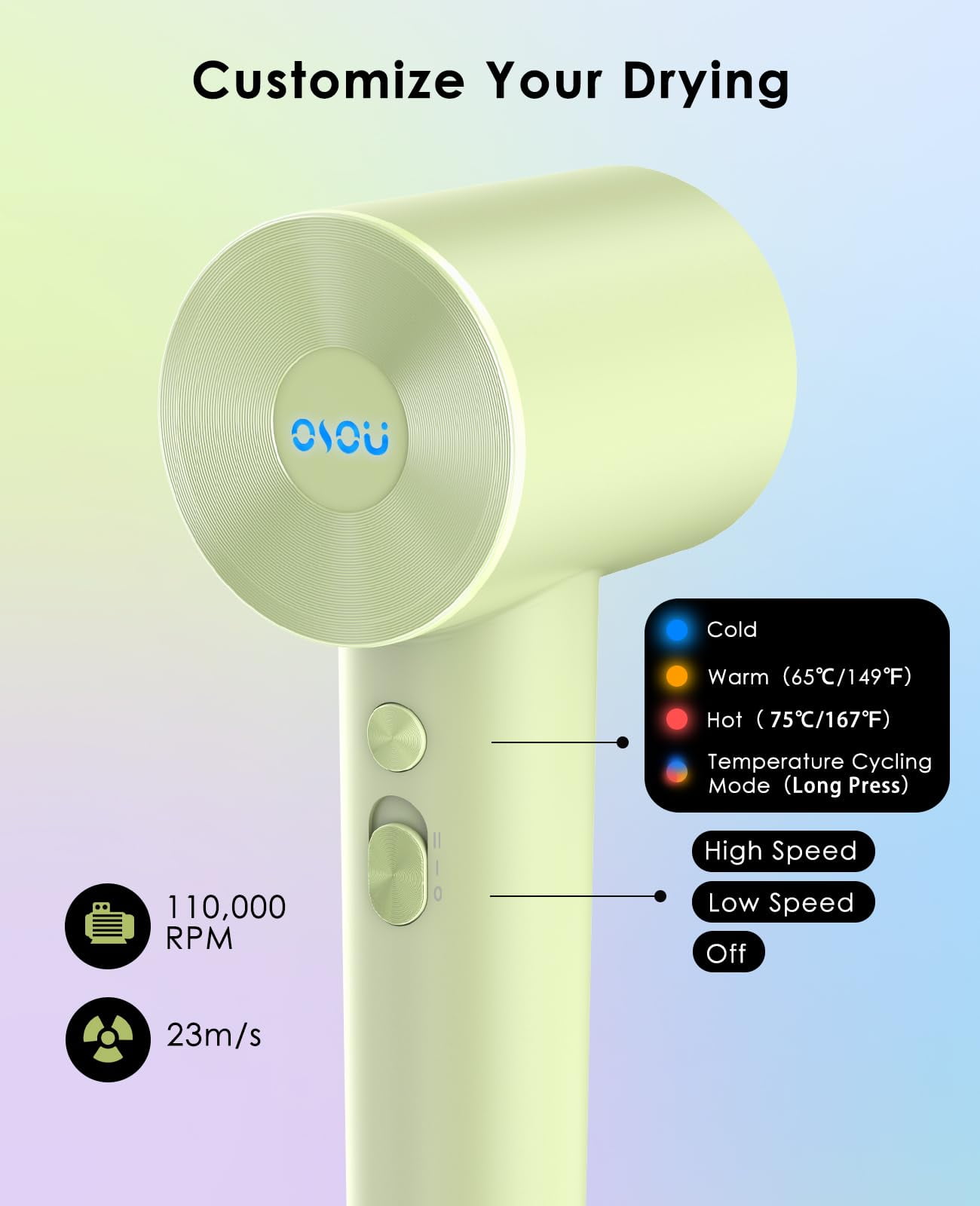 Negative Ionic Hair Dryer with 110,000 RPM Brushless Motor - High-Speed Lightweight Blow Dryer for Travel & Home Use, Fast Drying Low Noise Hair Drier with Smooth Nozzle, Green