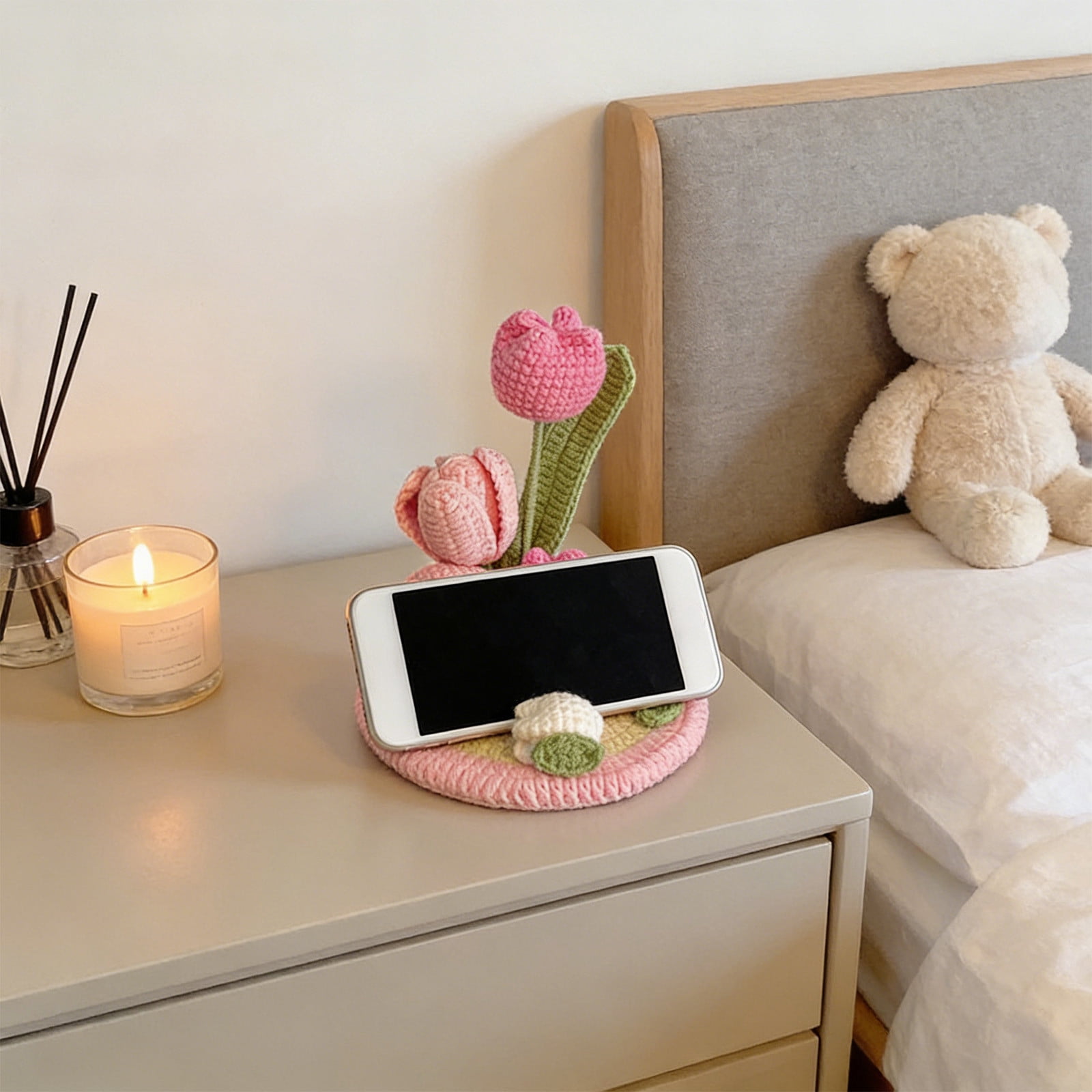 AURIGATE Handmade Crochet Tulip Flower Phone Stand, 5.12 Inch Cotton Cute Floral Phone Holder for Desk Home Office Decor