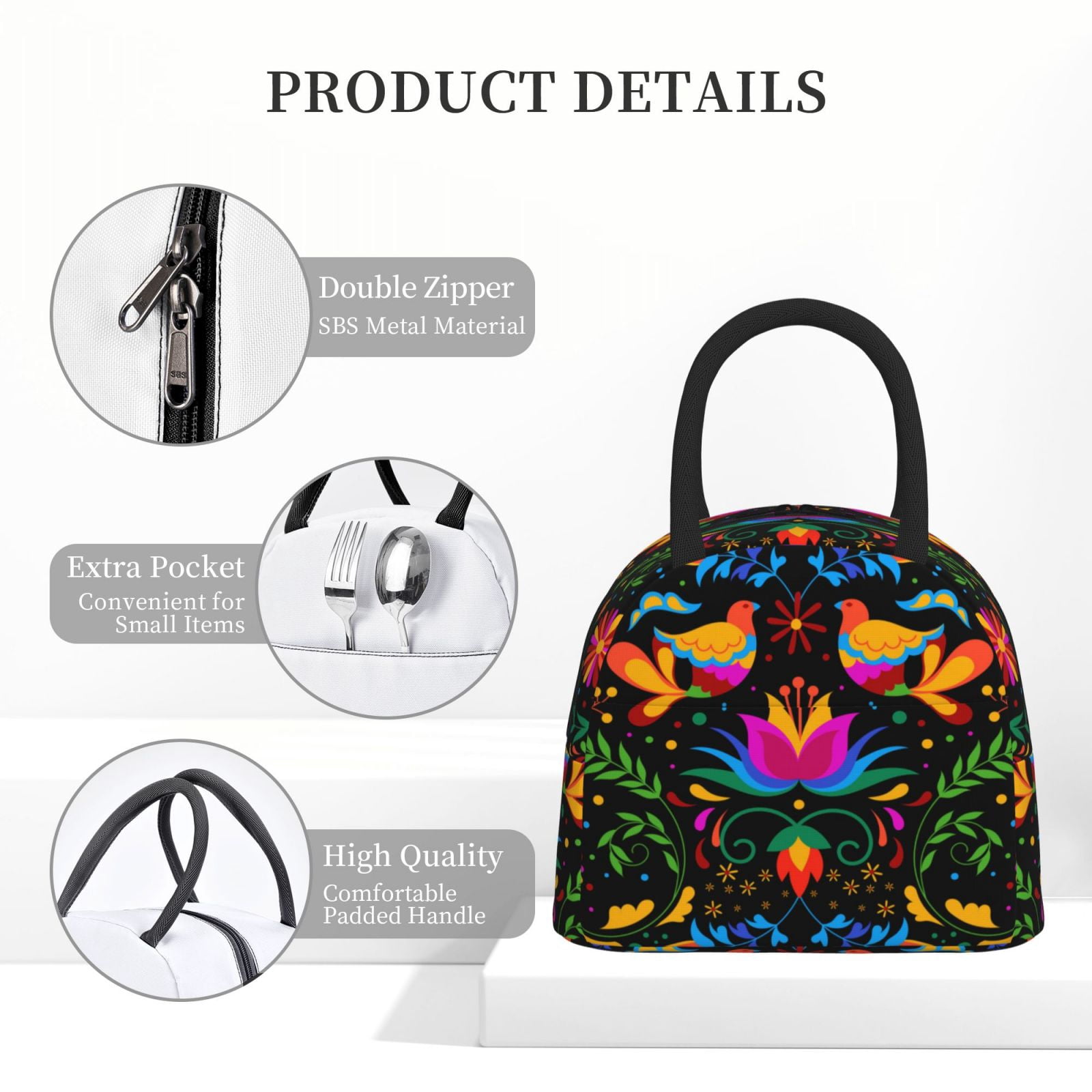 Horeoi Mexican Flower Traditional1 Pattern Large Insulated Lunch Bag for Work, School, Picnic - Waterproof, Durable Oxford Cloth, Comfortable Handle-Black