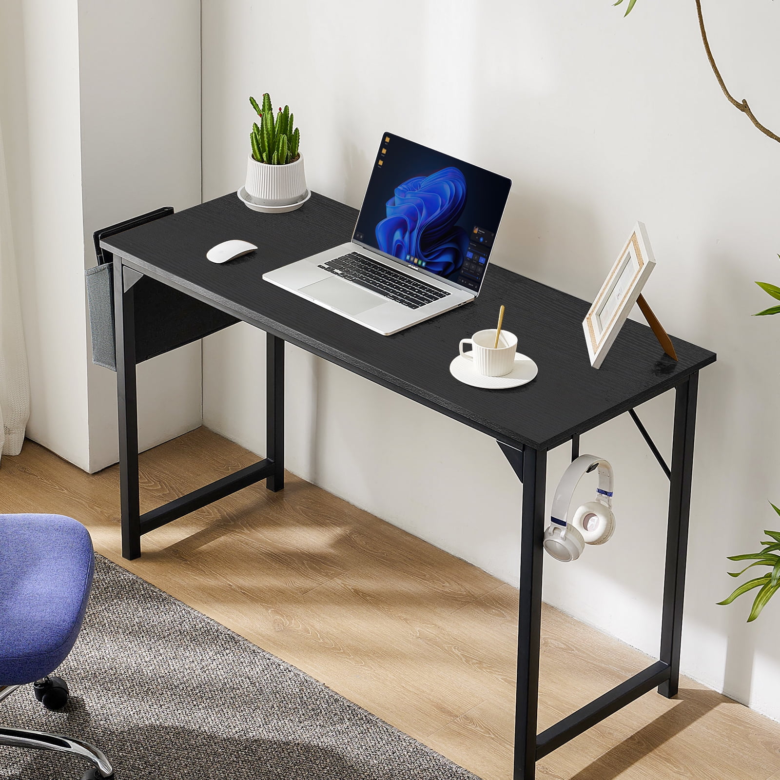 Aidoly 40inch Small Computer Desk Writing Study Work Office Table Modern Simple with Storage Bag and Hook for Home Bedroom, Black