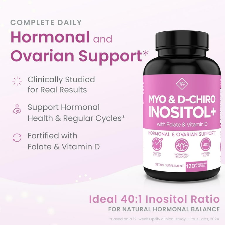 Premium Inositol Supplement - Myo-Inositol and D-Chiro Inositol Plus Folate and Vitamin D - Ideal 40:1 Ratio - Hormone Balance & Healthy Ovarian Support for Women - Vitamin B8 - 30 Day Supply
