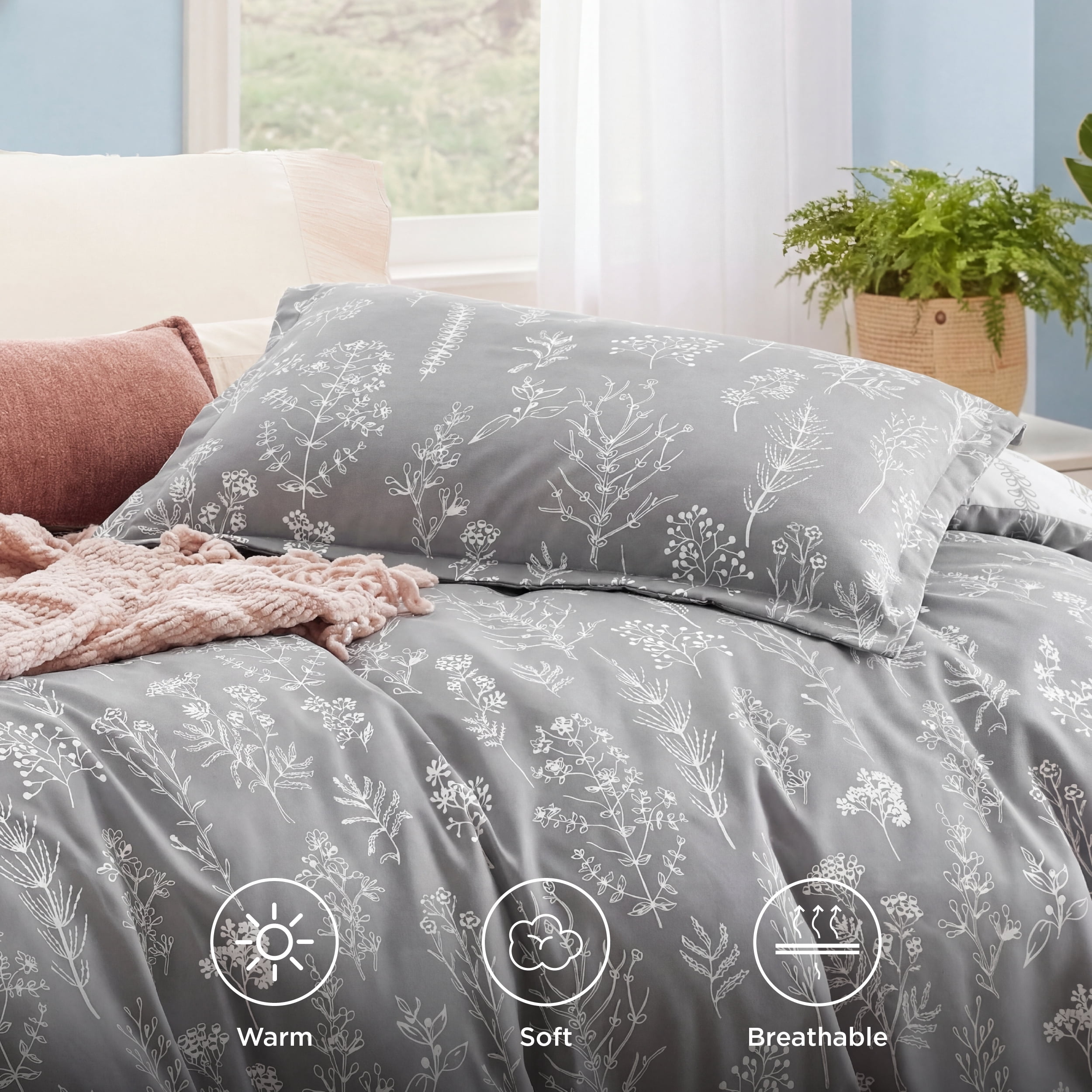 U by Bedsure 2 Pieces Grey Twin Size Comforter Sets, Extra Long Twin-XL Cute Flowers Botanical Lightweight College Dorm Soft Bedding Set With 1 Pillow Sham