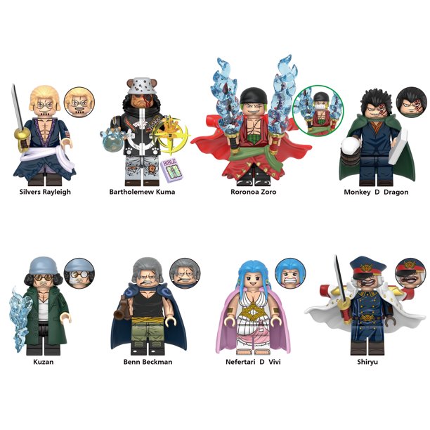 8 Piezas Set de Figuras de Bloques de Construcción Rey de la Navegación Personalizadas – Minifiguras Shiryu Bartholemew Kuma Zoro Gragon, Ideal para Colección de Regalos para Niños y Fans