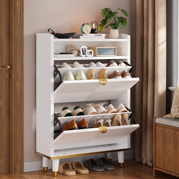 Kbun Tall Shoe Storage Cabinet with 2 Flip Drawers, Hidden Wood Shoe Cabinet for Entryway Hallway, Freestanding Narrow Slim Shoe Organizer Space Saver for Living Room, White