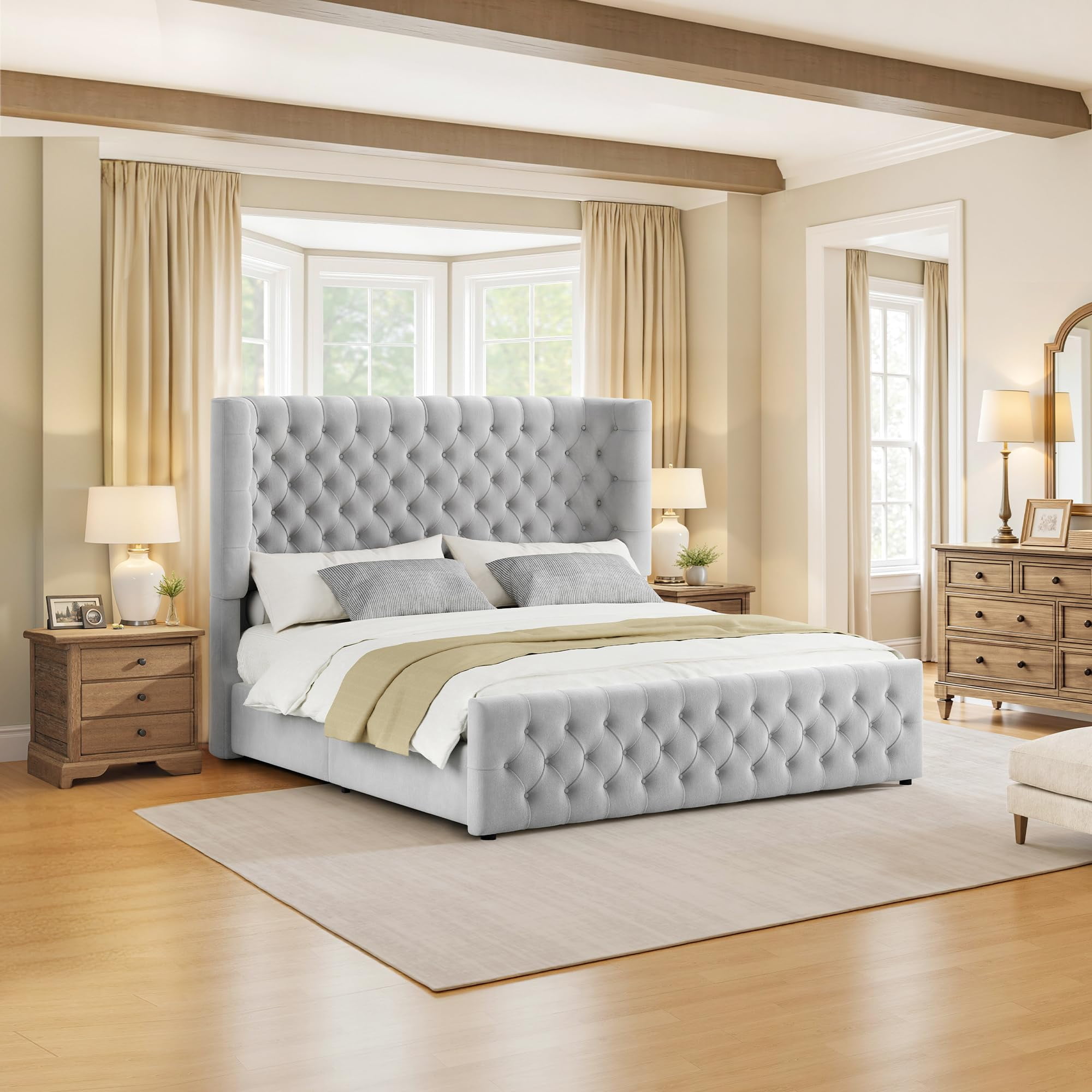 Amerlife King Bed Frame with 49” Upholstered Wingback Headboard, Noise-Free Platform Bed with Steel Frame and Slip-Resistant Edges, Light Grey
