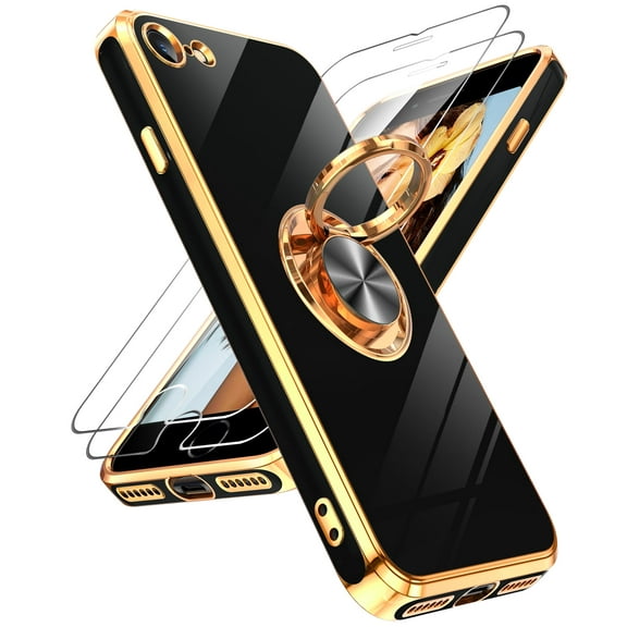LeYi For iPhone SE Case iPhone 8 Case:Tempered Glass Screen Protector [2 pcs] 360° Rotatable Ring Mount Magnetic Stand,Rose Gold Plated iPhone 7/8/SE 2020 Case, Black