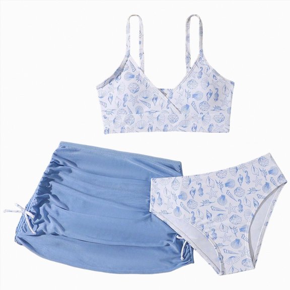 Bosanter Bathing Suits For Girls 3 Piece Bathing Suit Floral Print with Cover Ups Swimsuit Set Girls Tankini Swimsuit, Blue 8-9Y