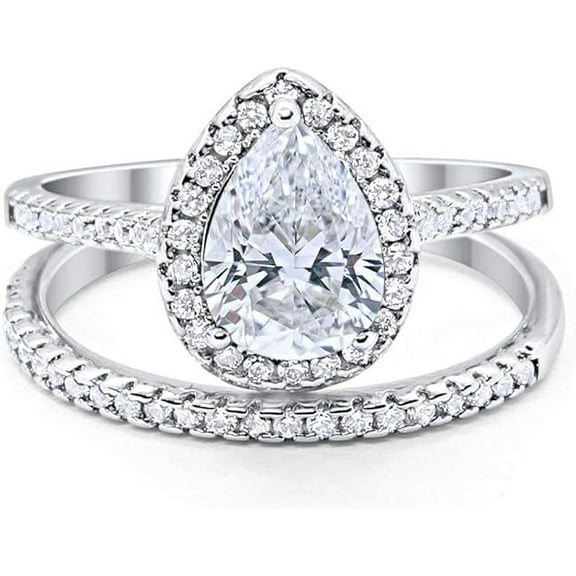 Divine Creation 2.00 Ct Pear Cut White Diamond Wedding Engagement Bridal Ring Set 14K White Gold Plated 925 Sterling Silver For Women's -5