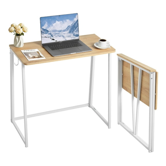 VEVOR Folding Desk, 31.5" Foldable Table for Small Spaces with Storage Hooks, Space Saving Computer Table, Writing Workstation for Home Office, Easy Assembly, Oak