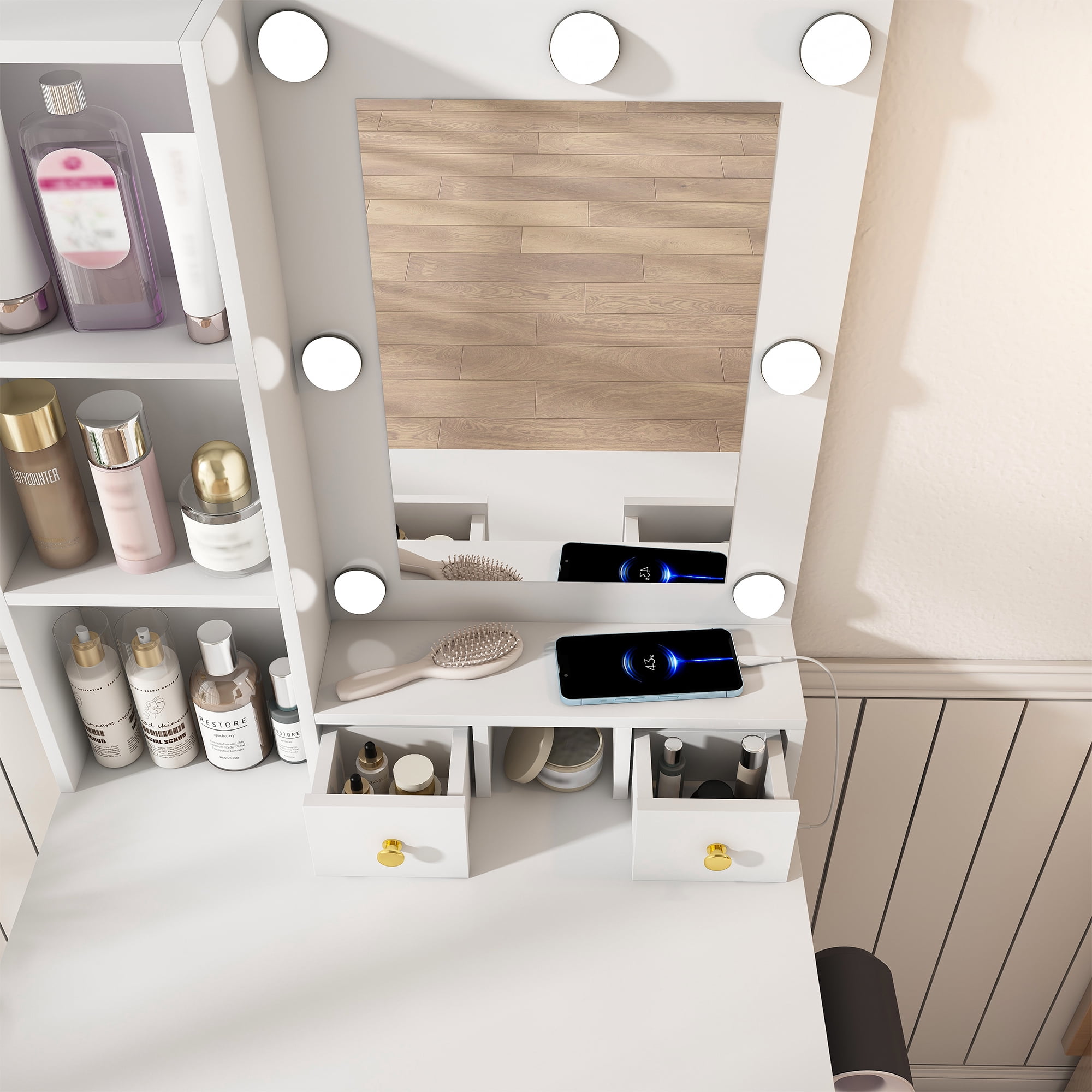 Alvantor Vanity Table and Stool Set with Mirror & Lights, White Finish, Power Outlet Included