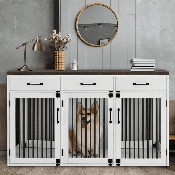 MCombo 55.5" L x32.4"H Large Wooden Dog Crate Furniture with Drawers, Lockable Doors, Removable Dividers