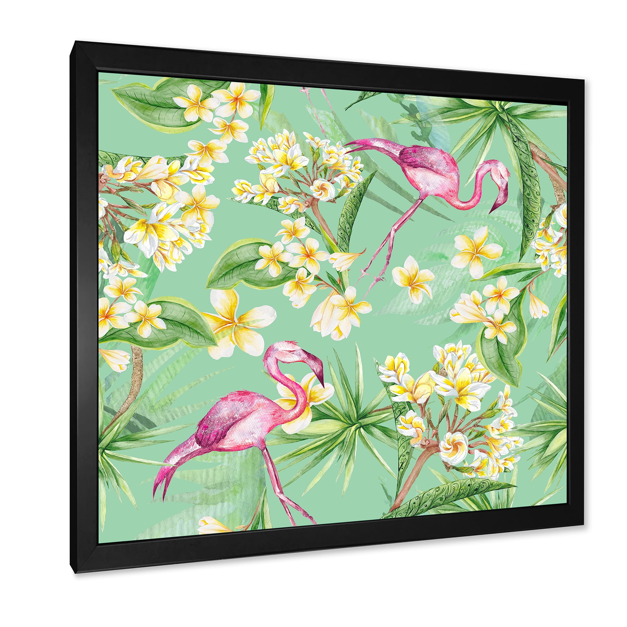 Designart 'Yellow Flowers, Tropical Foliage With Flamingo V' Traditional Framed Art Print