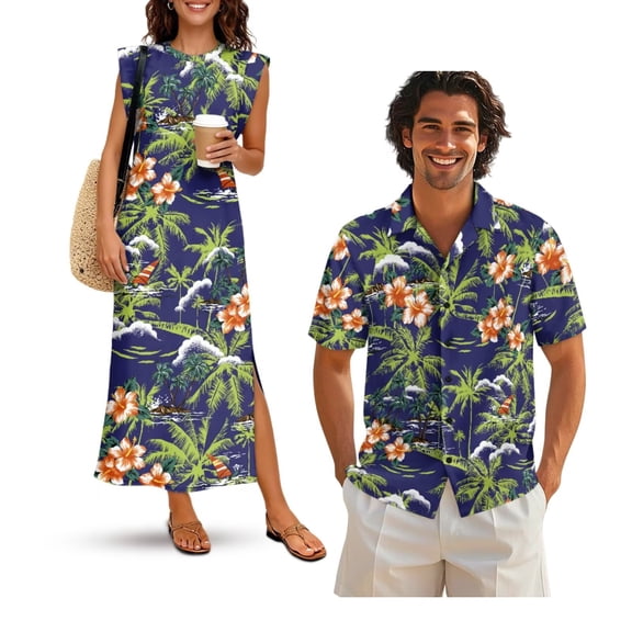 KUIFORTI Mens Casual Shirts Hawaii Dress Washable Vintage Hawaiian Flowers Couple Matching Outfits Summer Dress with Pockets for Summer Vacation Trip Soft and Comfortable