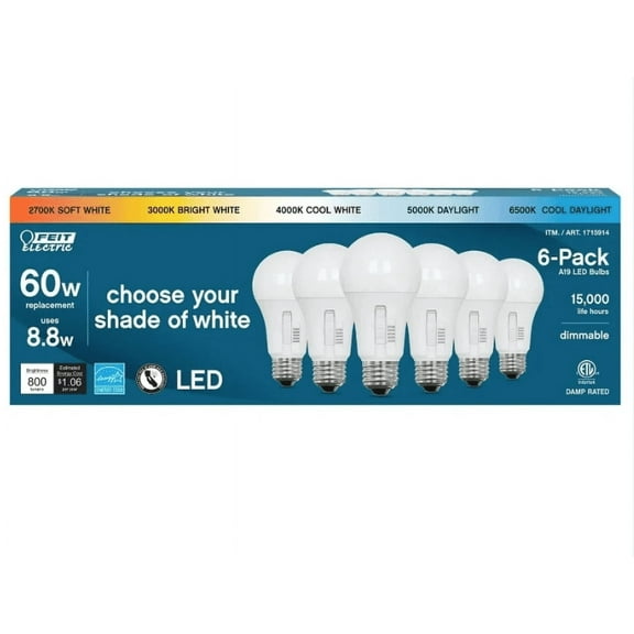 Feit Electric 60 Watt A19 E26 Dimmable LED Bulb Selectable Color (6-Pack) New