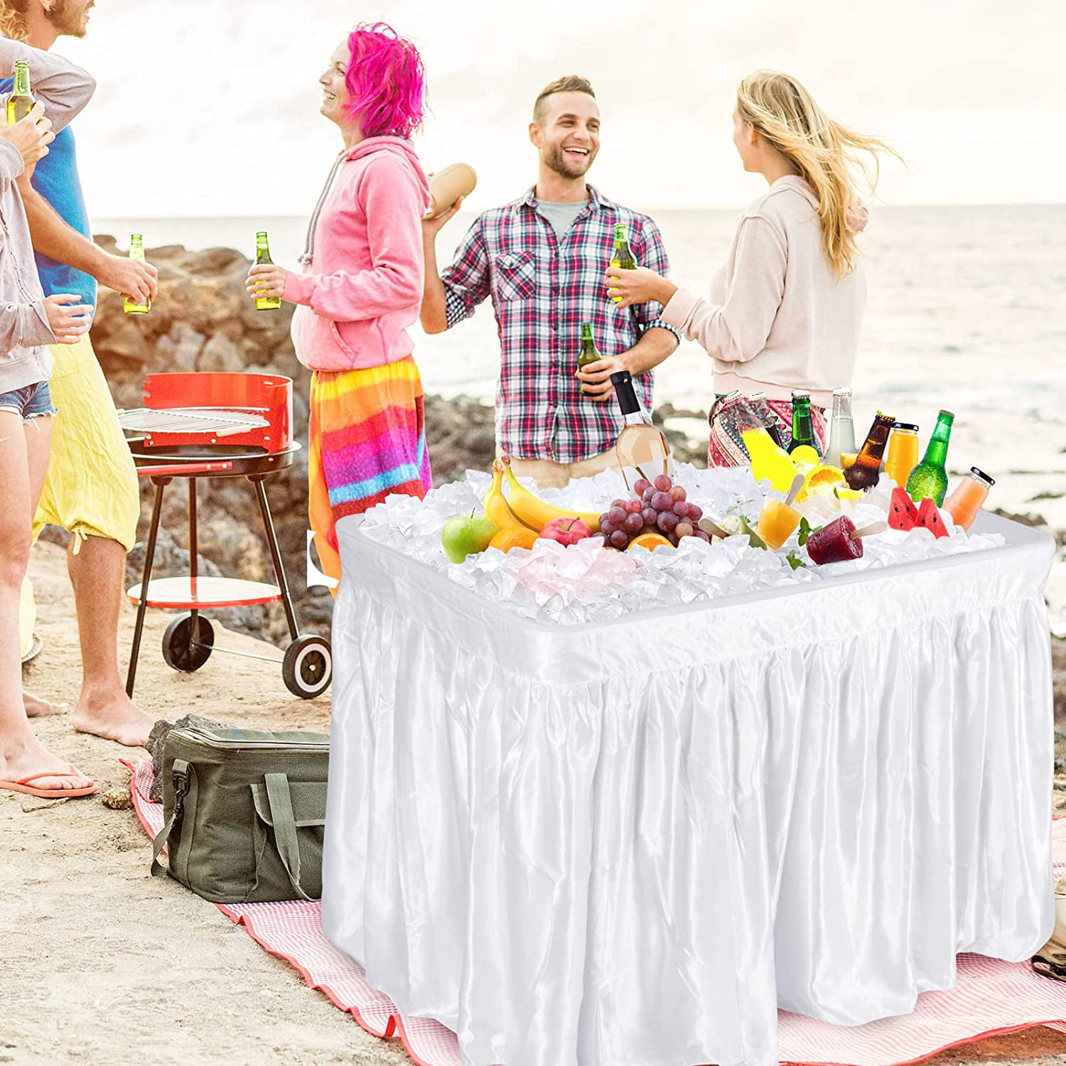 AINUO Folding Ice Cooler Table with Matching Skirt and Drain Hose, Portable Foldable Beverage Buffet Server Chill Table for Party, Picnic, BBQ and Camping