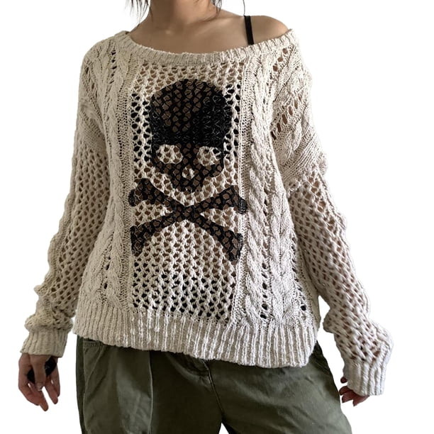 Fortune Women Skull Sweater Gothic Hollow Out Long Sleeve Tops