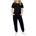 thumbnail image 2 of Girls Boys Summer Outfits Comfy Solid Color Casual Short Sleeve Round Neck T-Shirt + Pants 2 Pieces Tracksuits Sets with Pockets Black 4-5 Years, 2 of 6