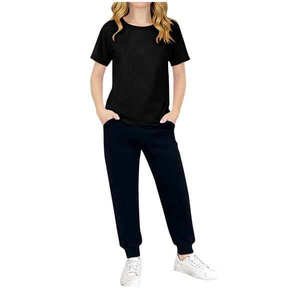 WMTBSRSW Girls Clothing Sets Lightwieght Summer Short Sleeve Sets with Jogger Pants Workout Athletic Gym Outfits with Pockets Black 11-12 Years