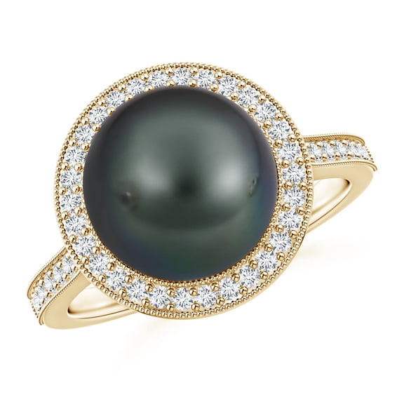 ANGARA Tahitian Cultured Pearl Halo Ring with Milgrain in 14K Yellow Gold for Women | June Birthstone, Birthday, Anniversary, Jewelry Gift for Women | Pearl Ring