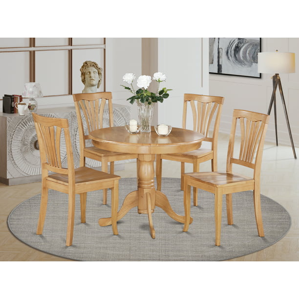 Anav5 Oak W 5 Pc Kitchen Table Round, Round Oak Table With Leaf And 4 Chairs