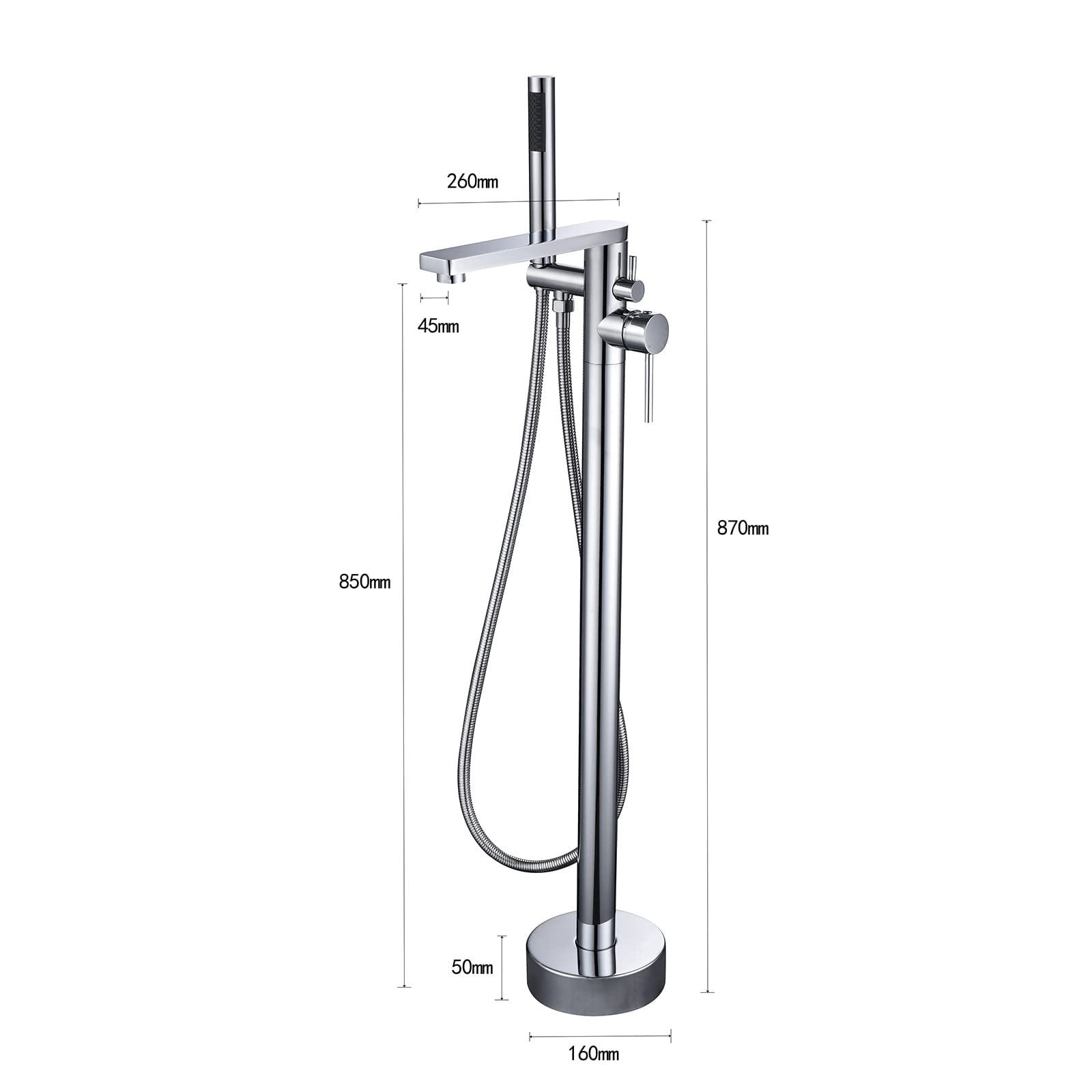 Dawot Freestanding Bathtub Faucet, 2 Function Brass Chrome Tub Filler Chrome Floor Mount Brass, Single Handle Bathroom Faucets with Hand Shower