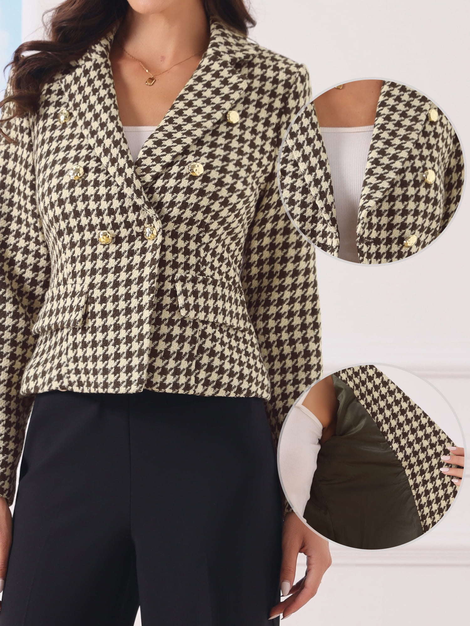 DARING DIVA Women's Chic Houndstooth Notch Lapel Long Sleeve Blazer L Brown
